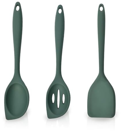 Jinsion 3 Stück Silikon Löffel Set - 28cm Langer Griff Antihaft Kochlöffel | BPA-Freier Hitzebeständiger Rührlöffel für Kochen, Backen, Rühren (Dunkelgrün)