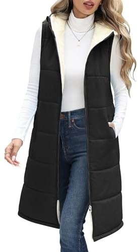 Vancavoo Weste Damen Lang mit Kapuze Herbst Winter Steppweste Ärmellose Jacke Daunenweste Gefüttert Fleeceweste Warme Longweste Kapuzenweste Freizeit Übergangsweste,Schwarz,M