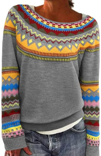 heekpek Norweger Pullover Damen Winter Herbst Rundhals Weihnachtspullover Lässig Lose Damenpullover Langarm Strickpullover Winterpullover Warm Oberteil Elegant Sweater, Graue Faire Insel, S