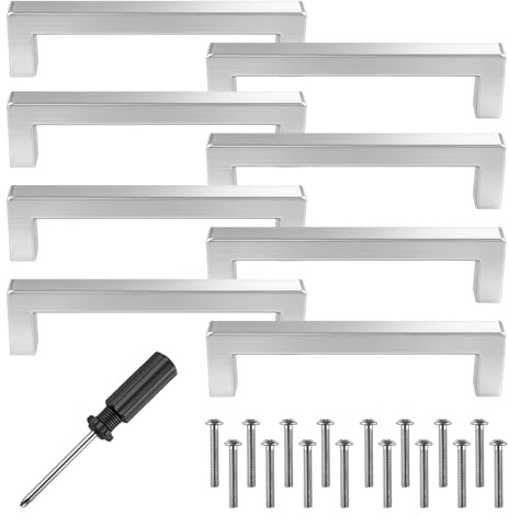 PENCHUAN 8 Stück Möbelgriffe, Silber Rostfreier Stahl Türknäufe Lochabstand 128mm, Quadrat Schrankgriffe mit Schrauben und Installationswerkzeugen, für Schublade, Küchenschränke und Wohndekoration