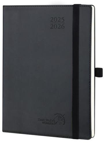 POPRUN Kalender 2025 2026 Wochenplaner (Aug.2025-Dez.2026) Softcover mit PU-Leder, ca. A5 (22 x 16,5 cm), 17-Monate-Terminplaner 1 Woche 2 Seite mit FSC®-Zertifiziertem Papier - Schwarz