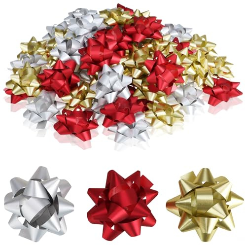 Wilhelm Sell® 60x Geschenkschleife selbstklebend - 5 x 2 cm Bunte Schleifen für Geschenke - dekorative Fertigschleifen für Weihnachten, Geburtstage und Hochzeiten (rot/goldfarben/silberfarben)