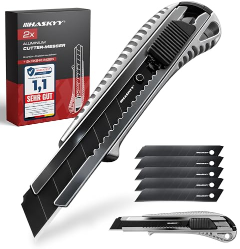HASKYY Cuttermesser Teppichmesser Cutter Set 2 Stück inkl. 5 SK5-Hochkarbonstahl Klingen 18mm, Lock-Funktion, Ergonomischer Anti-Rutsch-Griff, Klingenbrecher & Schnellwechselsystem