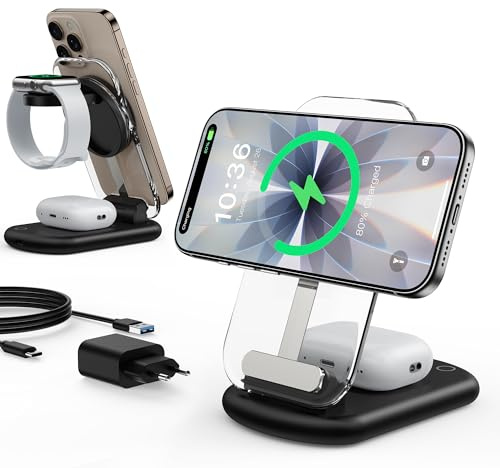 Induktive Ladestation,Mag Safe Ladegerät, 3 in 1 Mag Safe Ladestation Kompatibel mit iPhone 17e 17 16 15 14 13 12 Pro Max/Air/Plus/Pro, 15W Wireless Charger faltbar für Apple Watch10/9,Airpods 3/2/Pro