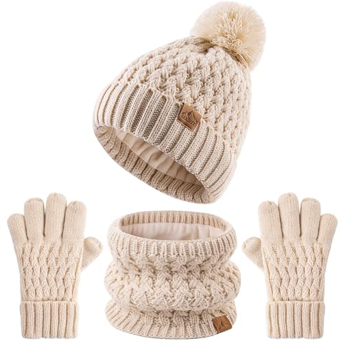 DOCVIT Kinder Bommel Winter Beanie Mütze Scart Handschuhe Set,Jungen Mädchen gestrickt Fleece gefüttert Wollmütze für Kinder Kleinkind 3-9 Jahre