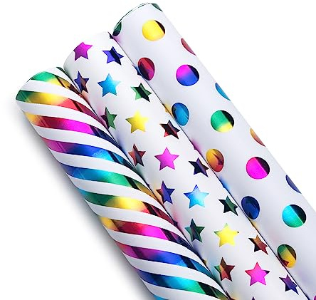 We Moment Zone Regenbogen Hochwertiges Geschenkpapier,Bunt Punkten/Streifen/Pentagramm Geschenkpapierrolle Verpackungspapier für Geburtstag Party-3 Rollen (43x3M pro Rolle)