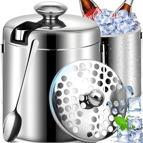 Retoo Eiskübel mit Deckel und Zange, 1,3 Liter Eiseimer für Eiswürfel, Eiswürfelbehälter Doppelwandig Edelstahl Wein-kühler Sektkühler mit Henkel 20 x 14,5 cm Silber