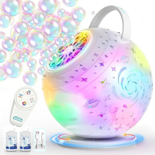 Tecnock Wiederaufladbare Seifenblasenmaschine mit Fernbedienung, 90°/360° Rotation, 7-farbiges LED, USB-C 45 Min Laufzeit, große Seifenblasen, Spielzeug für Kinder, Geschenk für Geburtstag, Party