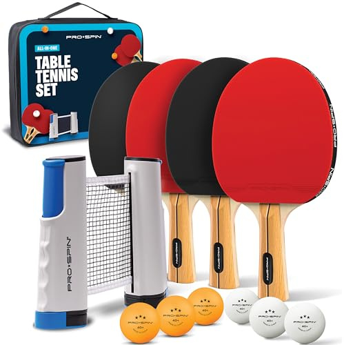 PRO-SPIN Tischtennisschläger Set - Mit Tischtennisnetz Für Jeden Tisch, Tischtennis bälle 3-Sterne, Tasche/Hülle | Ausziehbares Mobiles Tischtennis Netz (Rot, Set für 4 Spieler)
