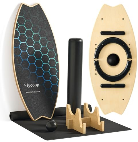 Flycoop Balance Board für Erwachsene – Holz Balance Board Set mit Rolle & Ball, Surf Trainer Indoor, Wackelbrett für Gleichgewicht, Koordination & Core Training, Rutschfest, bis 200 kg belastbar