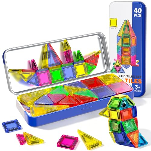Mini Magnetbausteine Set 40 STK mit Metallbox - Reisespielzeug für Kinder - Magnetische Bausteine für Unterwegs, Flugzeug, Auto & Restaurant - Beschäftigung Autofahrt Geschenk für Jungen & Mädchen
