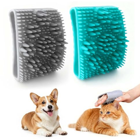 WUGAUWOR 2 Stück Katzenbürste und Hundebürste, Weiche Silikon Entfilzungs & Massagebürste, Bürste für Hunde & Katzen, 2-in-1 Nass & Trockenbürste mit Ergonomischem Griff für Fellpflege, Blau & Grau