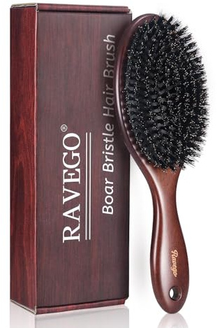 RAVEGO Haarbürste, Wildschweinborsten Bürste für Damen Herren Kinder zum Entwirren & Stylen, Naturborsten Bürste für dünnes, feines Haare, steife Borsten