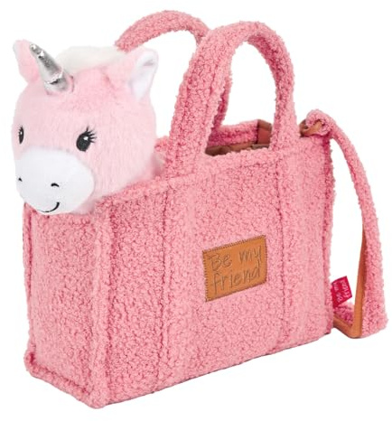 PERLETTI Kuscheltier Handtasche für Kleine Mädchen 3 4 5 6 Jahre - Weiche Kindertasche mit Abnehmbarem Pluschspielzeug für Kindergarten - Flauschig Plüschtier Plüsch 27x22x9 cm (Einhorn)