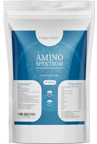 Amino Spektrum - 500 Tabletten a 1000mg - Hochdosiert & Vegan - Big Pack - 18 Aminosäuren inkl. 8 EAA´s & BCAA - Laborgeprüft - ohne Magnesiumstearat
