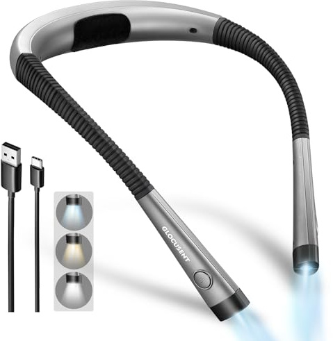 Glocusent Leselampe Hals, Leselampe Buch mit 3 Farben & 6 Helliggkeitsstufen, Nackenlampe Wiederaufladbar 80 Stunden Dauer, Biegbare Arme, Leselicht für Lesen Stricken Camping Reparieren