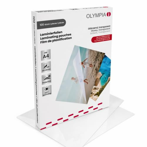 OLYMPIA Laminierfolie 100 X DIN A4 125 Mikron | Kristallklarer Schutz für Fotos & Speisekarten. Reißfest und kompatibel mit allen Heißlaminiergeräten bis 21 cm Breite