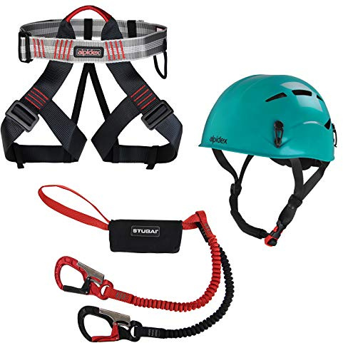 ALPIDEX Kletterhelm Klettergurt Stubai Klettersteigset BASIC 3.0 Set | Kletterset, Starterset, Bandfalldämpfer, Rastkarabiner, Einsteiger, Bergsteigen, 40-120 kg, UIAA, Sicherungsgurt, Via Ferrata