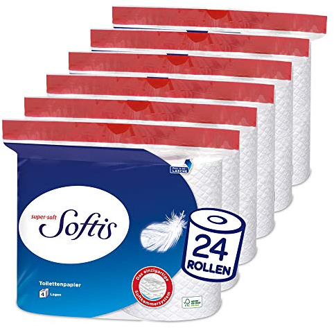 Softis 4-lagiges Toilettenpapier - 24 Rollen-Packung (6 x 4 Einzelpackungen), 100 Blatt pro Rolle, Einzigartiges Softkammer-System, Recyclebare Verpackung, FSC-zertifiziertes Papier