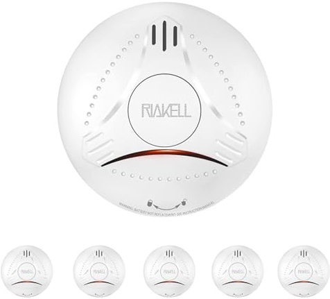 RIAKELL Rauchmelder 10 Jahre Batterie, TÜV, DIN EN 14604, 5er Set | 10 Jahre Batterie, TÜV DIN EN 14604, 85 dB Alarm, fotoelektrischer Sensor, Test-/Stummschaltung, 5er Set
