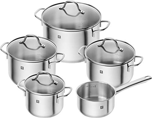 ZWILLING Flow Kochtopf-Set 5-teilig mit Glas-Deckel, Induktionsgeeignet, Unbeschichtet, Edelstahl, Silber