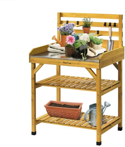 VegTrug Pflanztisch - Natural - 81 x 56 x 125 cm, Metall-Arbeitsfläche | Ergonomische Gartenstation zum Umtopfen mit Ablage und Haken - rückenschonend Gärtnern für Terrasse, Balkon und Gewächshaus