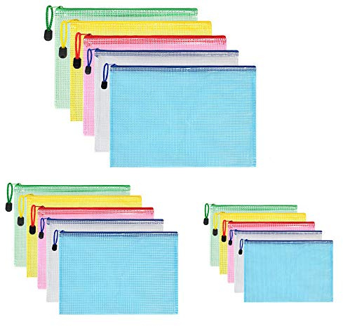 Vicloon Dokumententasche A3+A4+A5, 15 Stücke (Je 5) Datei Taschen | Mesh Kunststoff Reißverschlusstasche für Datei, Papier, Dokumente, Kosmetika, Hausaufgaben und Reisezubehör