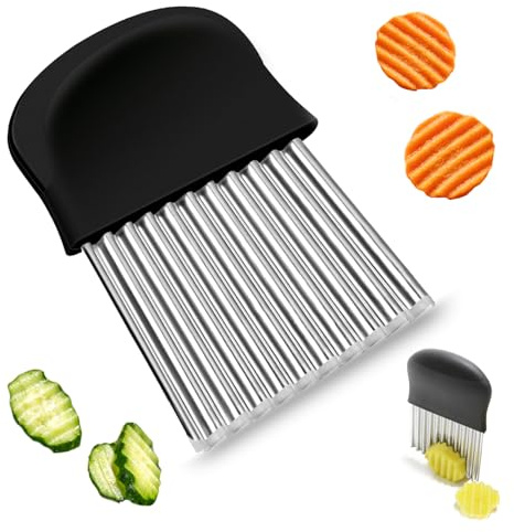 Wellenschneider Riffelmesser aus Edelstahl Pommesschneider Kartoffelschneider Zubehör Edelstahl für Gemüse Pommes Kartoffeln Butter und Obst (Schwarz)
