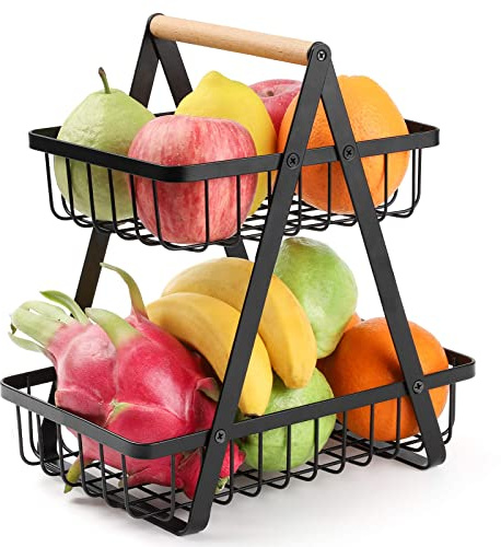 EKXOZV Obst Etagere 2 Etagen Obstkorb, Obstschale Schwarz Metall Fruits Basket, Abnehmbar Gemüseregal Küchen Organizer, Obst Brot Gemüse Aufbewahrung Snacks Korb für Küche