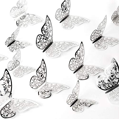 AIEX 24 Stück Ornamente Schmetterlinge, 3D, selbstklebend, lebhaft, mit 3 verschiedenen Größen (Silber)
