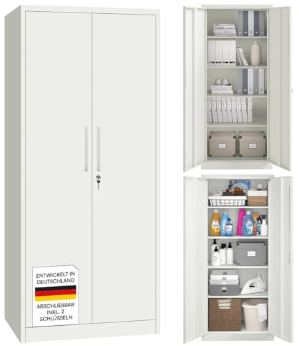 STEELSØN Regulus Metallschrank abschließbar – Stahlschrank mit 5 Ebenen – Werkzeugschrank mit Doppeltüren Weiß – Werkstattschrank mit verstellbaren Ablagen – Aktenschrank/Büroschrank Metall