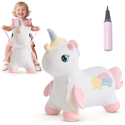 FUNLIO Einhorn Hüpftier, Regenbogen-Feen Hüpfpferd für Kleinkinder von 18 Monaten bis 5 Jahren, Aufblasbares Einhorn zum Reiten, Abziehbarer Bezug & Waschmaschinengeeignet, CPC Zertifiziert