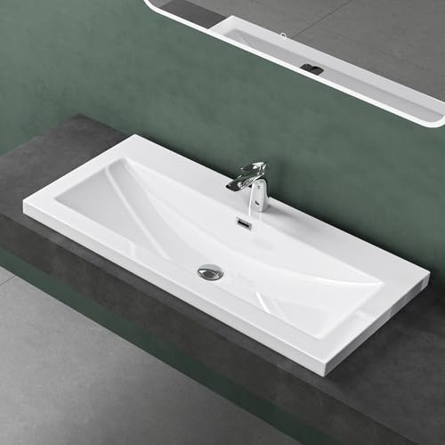 Mai & Mai Waschbecken 100x48cm Einbauwaschbecken aus Mineralguss Weiß | Waschschale Waschtisch Rechteckig 1 Armaturenloch Überlauf-Funktion Colossum01
