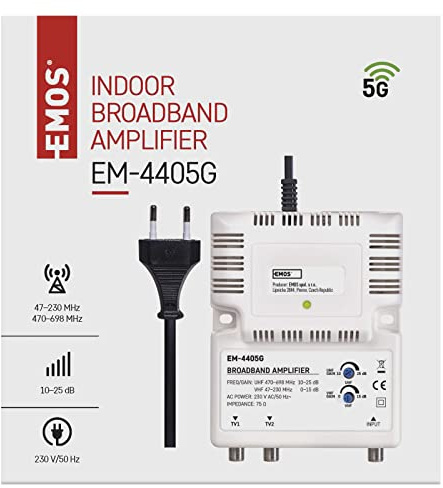 EMOS Breitband-Verstärker 25 dB (Frequenzbereich 47–230 MHz, 470–698 MHz) für DVB-T2, Kabelfernsehen oder Antennen, 1 Eingang, 2 Ausgänge, 10,5 x 13,5 x 4 cm