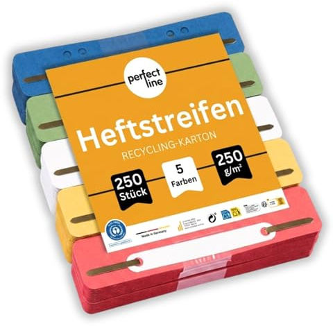 perfect line - 250 Heftstreifen Pappe, Aktendulli aus recycling Karton, 5 Farben, Abheftstreifen - made in Germany, Heftlaschen Blauer Engel zertifiziert