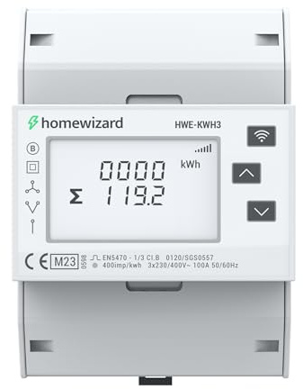 HomeWizard kWh Meter WLAN 3 Phasen, MID zertifizierter Stromzähler | 35 mm DIN Schiene, 100A 230V, für Solar, Wärmepumpe, Elektroauto und Balkonkraftwerk