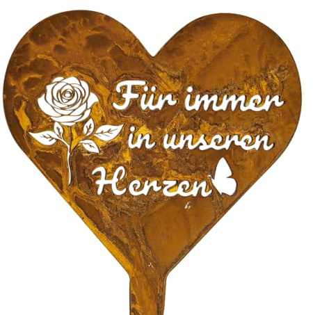 MOAZIFI Grabschmuck Herz aus Stahl - Wetterfeste Grabdekoration mit Rosendesign, Rostfarbener Grabstecker für Friedhof und Gartendeko