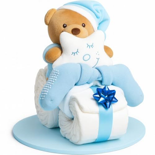 Windeltorte Junge in Blau – Motorrad mit Kuscheltier, Geschenk zur Geburt & Taufe – Handgefertigte Baby Windeltorte mit Windeln, Mullwindel & Glückwunschkarte