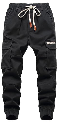 YOUNGSOUL Jungen Cargohose Kinder Stretch Cargo Hose Jogginghose Freizeithose mit Gummizug Schwarz DE: 152-158 (Herstellergröße 160)