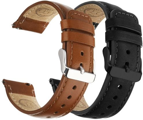 Fullmosa Uhrenarmbänder 22mm Echtleder Schnellwechsel-Armband für Herren | 2er Set Wechsel Lederarmbänder mit Edelstahl-Verschluss Damen,Braun+Schwarz/Silber+Schwarz