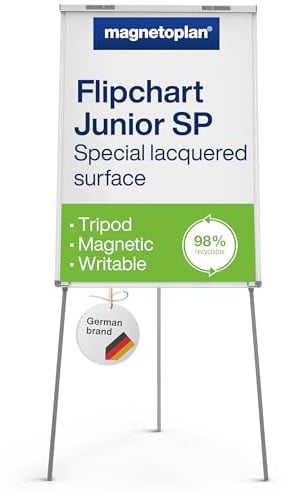 magnetoplan Flipchart Junior SP | BxH 680x1045mm | Höhenverstellbar bis 1,85 m | Mit Dreibeinstativ | Farbe: Astral Silber | Flipchart Tafel | Magnethaftende Schreibtafel | Klappbare Ablageleiste