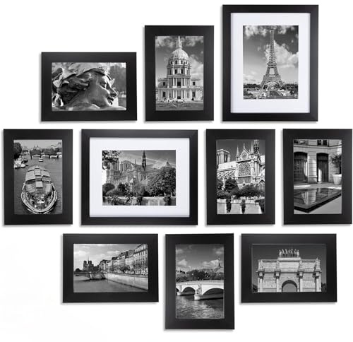 Postavo 10er Bilderrahmen Set - 8x für [9x13cm] Bilder & 2x für [18x13cm] - Schwarze Bilderrahmen Collage - Hochwertige Fotorahmen aus Holz - Hoch- oder Querformat - Stehend/Hängend