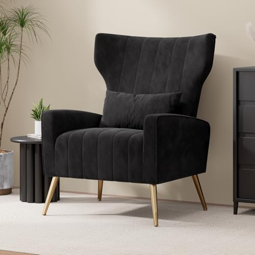 Hawthyhome Relaxsessel/Einzelsofa/Fernsehsessel/Ohrensessel mit Kopfkissen und Gold Metallfüßen aus Samt bis 130kg Schlafzimmer Wohnzimmer Schwarz