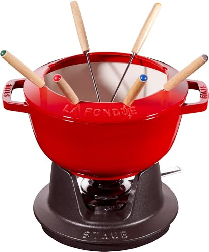 STAUB Fondue Set mit 6 Gabeln, Gusseisen, 20 cm, 2,3 l, Für Käse- Schoko- und Fleisch-Fondue, Made in France, Kirsch-Rot