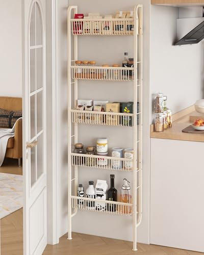 UMDONX 5 Etagen Metall Schmales Badezimmerregal Bücherregal,Creme | Wandregal für die Küche, Leiterregal Multifunktionales Metallregal für Enge Räume