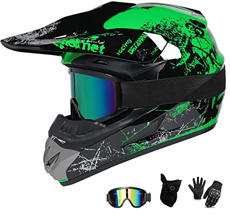 UIGJIOG MTB Helm Fullface Kinder,Motorradhelm Grün und Orange Erwachsener Motorrad Downhill Full Face Helm für Mountainbike Bergbuggy Sport Schutz,Grün