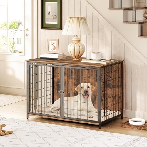 MAHANCRIS Hundekäfig Möbel, 100 cm Hundebox mit Kissen, 2 Tür, Doppeltür, Holzwerkstoff, für Kleine/Mittelgroße/Große Hunde, 100 x 60 x 70 cm, Hundekäfig für Zuhause, Vintagebraun ADCHR10701