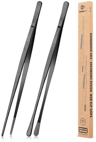 2 Stück 30,5 CM Küchenpinzette Feine Pinzettenzange, Professionelle lange Kochpinzette aus Edelstahl für BBQ, Meeresfrüchte, Reparieren und Servieren (SCHWARZ)