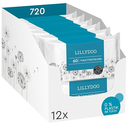 LILLYDOO Feuchte Toilettentücher, 720 Stück (12 x 60), 100% plastikfreies, spülbares Tuch, ohne Parfüme