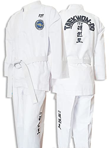 ITF Taekwondo Uniform Kinder Erwachsene Gestreifter Stoff Karate Gi Judo Anzug für Wettkampf und Training,White-120